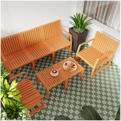 Été - Ensemble de meubles d'intérieur / extérieur 5 pièces - Canapé 3 places, 2 chaises et 2 tables basses Matériau PP imperméable - Ensemble de conversation pour patio facile à assembler (brun abricot)