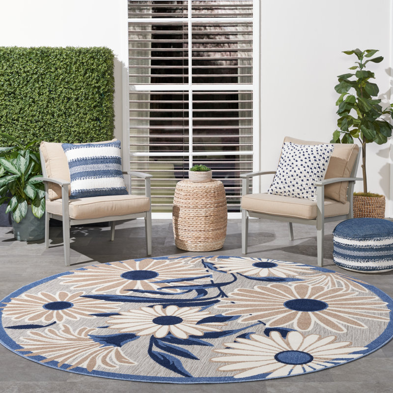 Alayia Aloha Floral Blue/Grey Indoor/Outdoor Area Rug, Round 5'3"