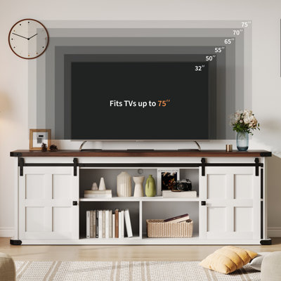 70" Farmhouse TV Stand for up to 80 Inch TVs, Rustic Media Console with Built-in Power Outlets and Sliding Barn Doors for Living Room