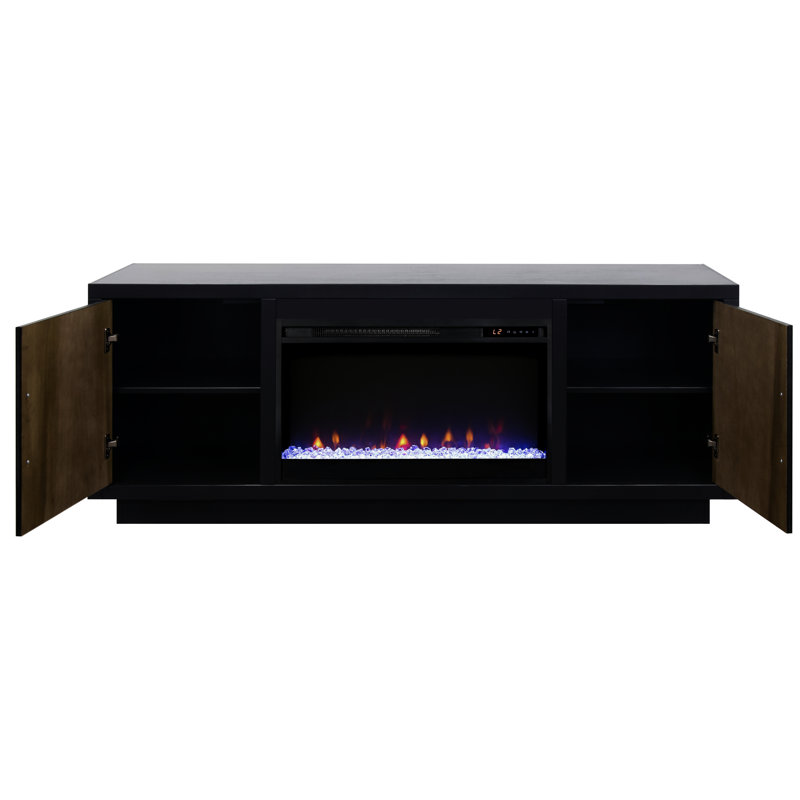 Meuble télé 66 po avec tablette, noir et noyer, avec téléviseurs jusqu'à 80 po, avec gestion des câbles, assemblage simple requis, 66 po, finition noyer, deux portes, tablettes, installation facile