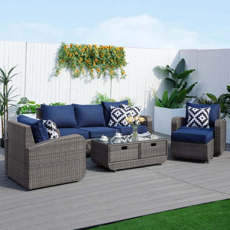 Wicker 5 - Person Patio Conversation Set with Cushions, Gray, Blue