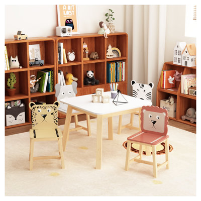 5-Piece Kids Table and Chair Set, White Solid Wood Activity Center with 4 Chairs
