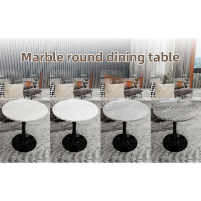 27.6-Inch Black Coffee Table, Mid-Century Modern Style Dining Table, Accommodates 2-4 People, Featuring A Round White-Veined Marble Tabletop, Suitable