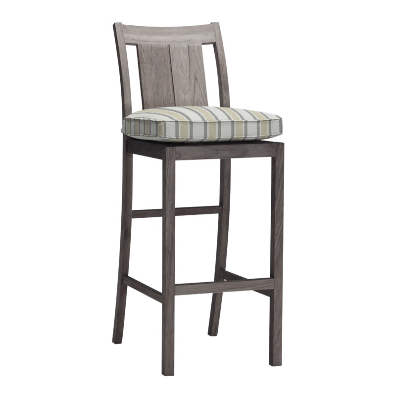 Croquet 24.5" Patio Bar Stool with Cushion, Rollo Chambray InsideOut® Linen, Welt, Oyster Teak