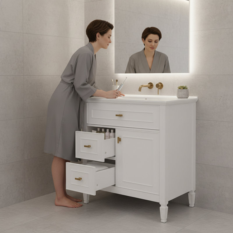 Meuble-lavabo blanc 30 po avec lavabo en céramique | Rangement en bois massif