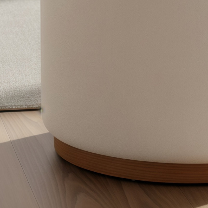 22.5 in Light Cream Round Upholstered Ottoman Footstool with Solid Wood Base, for Living Room Bedroom