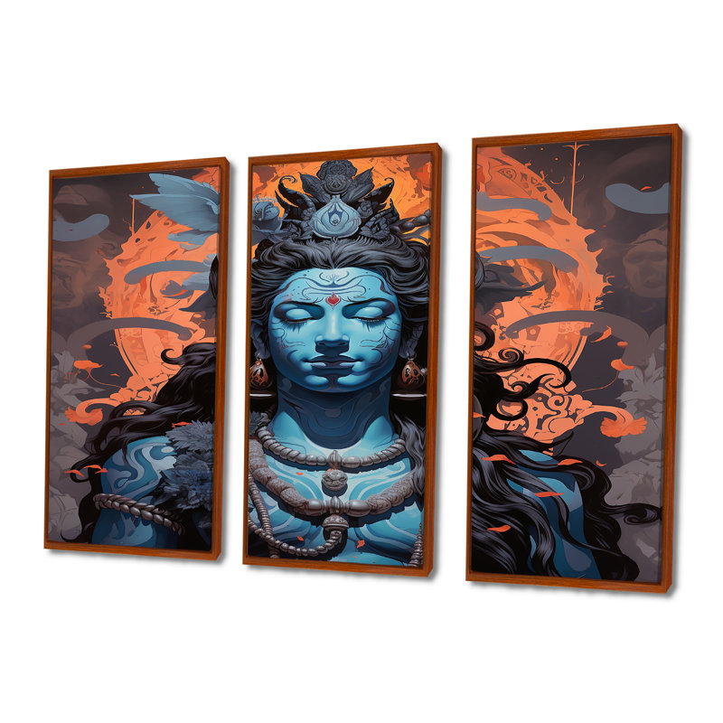 Portrait de Shiva bleu - ensemble de reproduction d'art de l'hindouisme, Cadre flottant brun, H 28 po x l 36 po x P 1 po