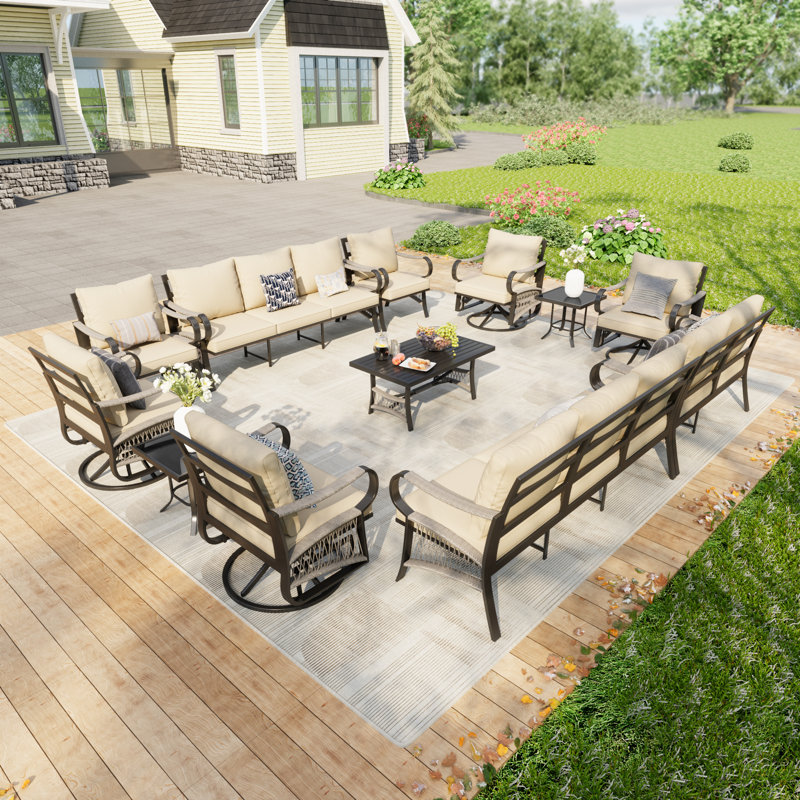 Ensemble de conversation pour 14 personnes avec 4 chaises pivotantes et coussin beige, Blanc cassé