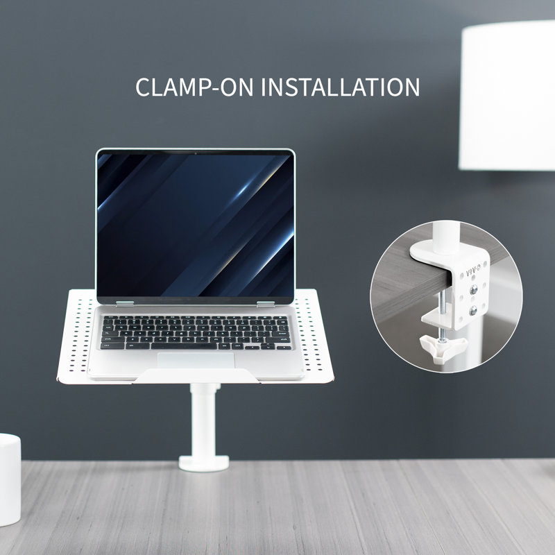 White Adjustable Laptop Desk Mount with C-Clamp and Grommet