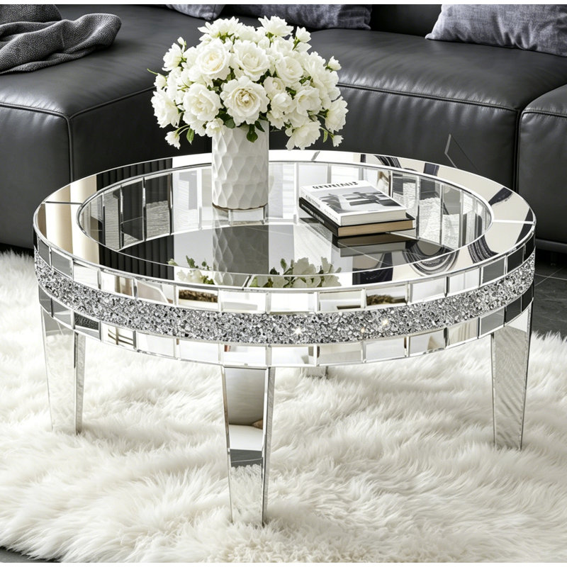 Glass Mirrored Four Leg Coffee Table Mirrored Diamonds Inlay Low Coffee Table 90.3x90.3cm