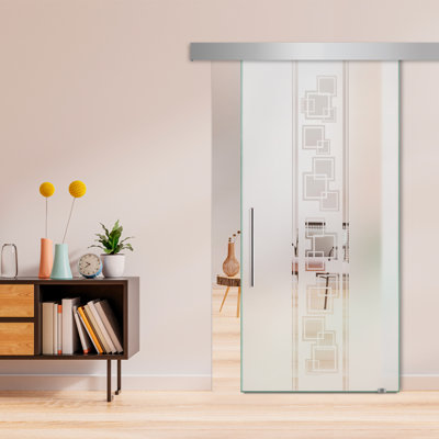 Porte de grange coulissante en verre sans cadre avec design moderne sablé et quincaillerie (semi-privée)