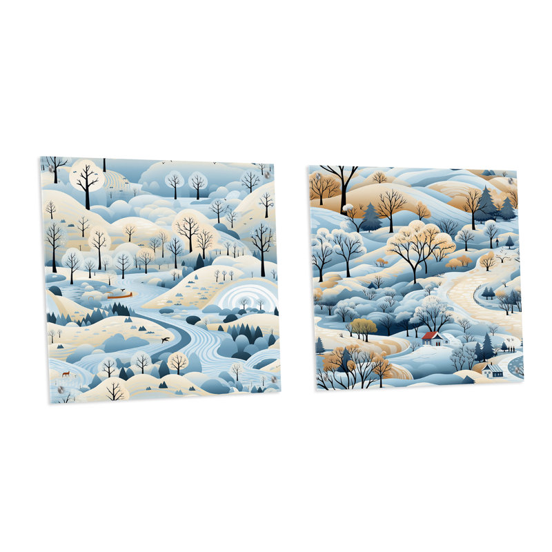 Paysage scandinave d'hiver - ensemble de 2 peintures murales en acrylique, H 16 po x l 33 po