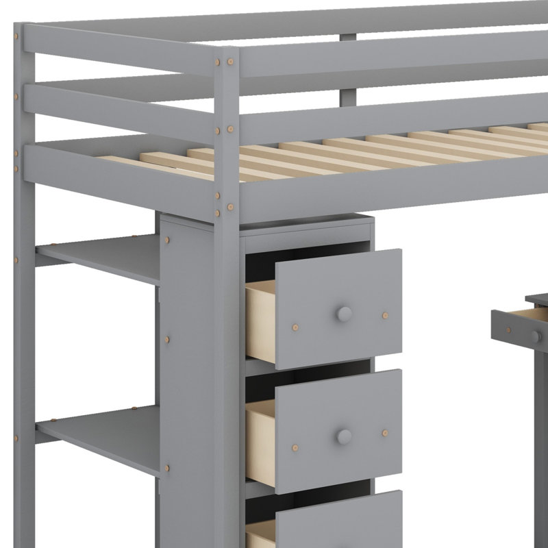 Lit mezzanine avec tiroirs de rangement, bureau et escalier, tablettes