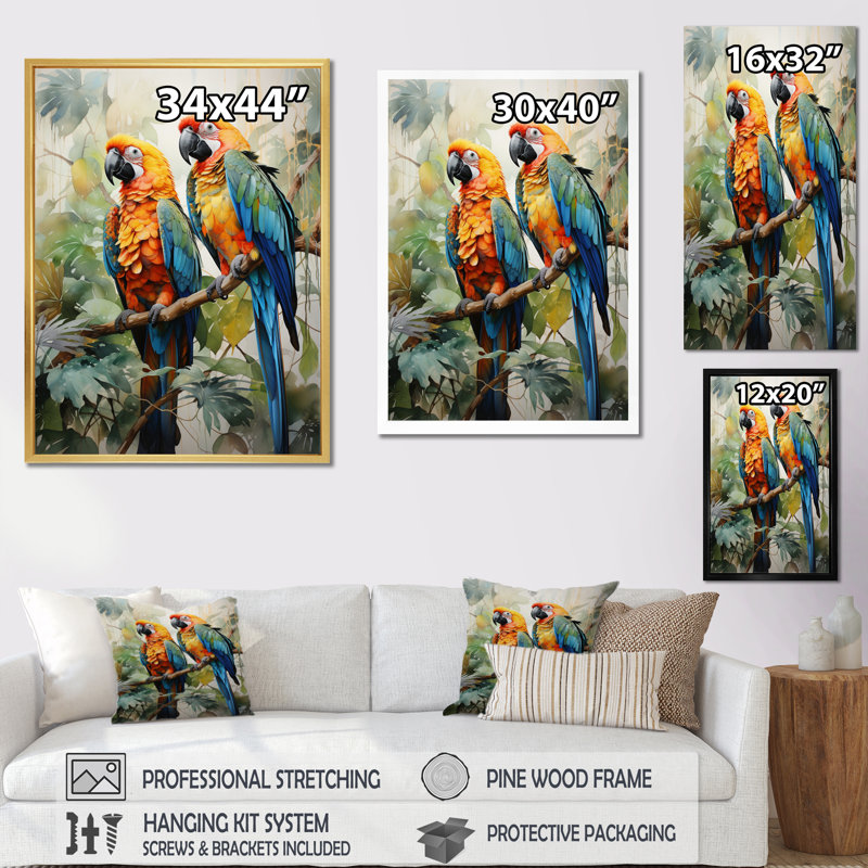 Deux perroquets sur une branche I - Impressions encadrées de perroquet, 40" H x 30" W, Toile tendue