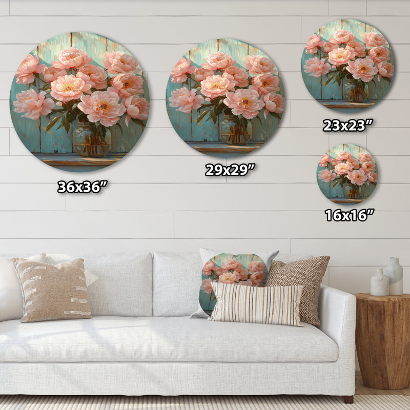 Pinson - reproduction d'art traditionnelle rose en métal, pivoines rondes, art mural en métal, H 23 po x l 23 po