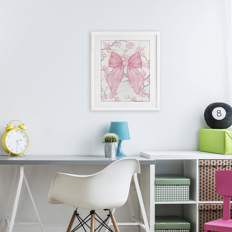 «Cherry Blossom & Ribbon», reproduction imprimée sous verre, conception de Jesse Keith, H 21 po x l 17 po, Cadre blanc côtier