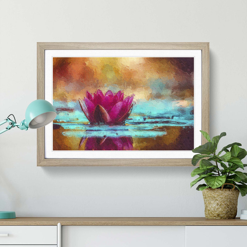 Pink Water Lily Flower in Abstract - Picture Frame Painting Print, 48cm H x 65cm W x 2cm D, Oak Framed
