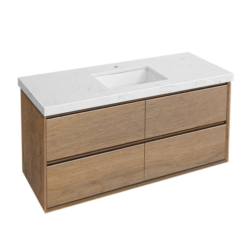 48 Inch Wall-Mounted Bath Vanity  With Engineered Marble Top, Natural wood