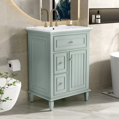 24" Freestanding Bathroom Vanity with Sink, Flip Drawer, 2 Drawers & Soft-Close Door, Green