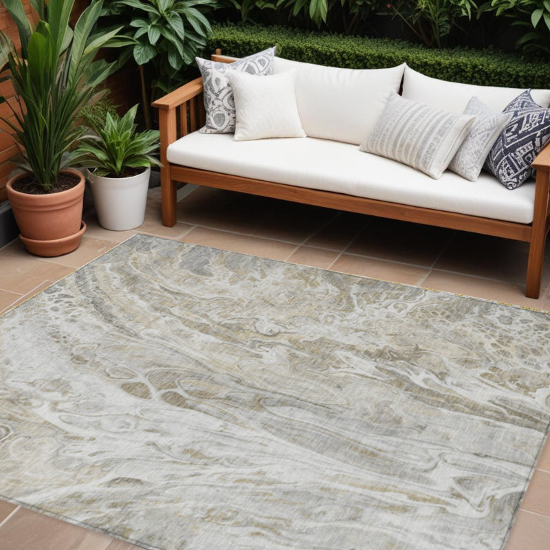 Tapis extérieur lavable abstrait taupe beige et ivoire 10 pi x 14 pi