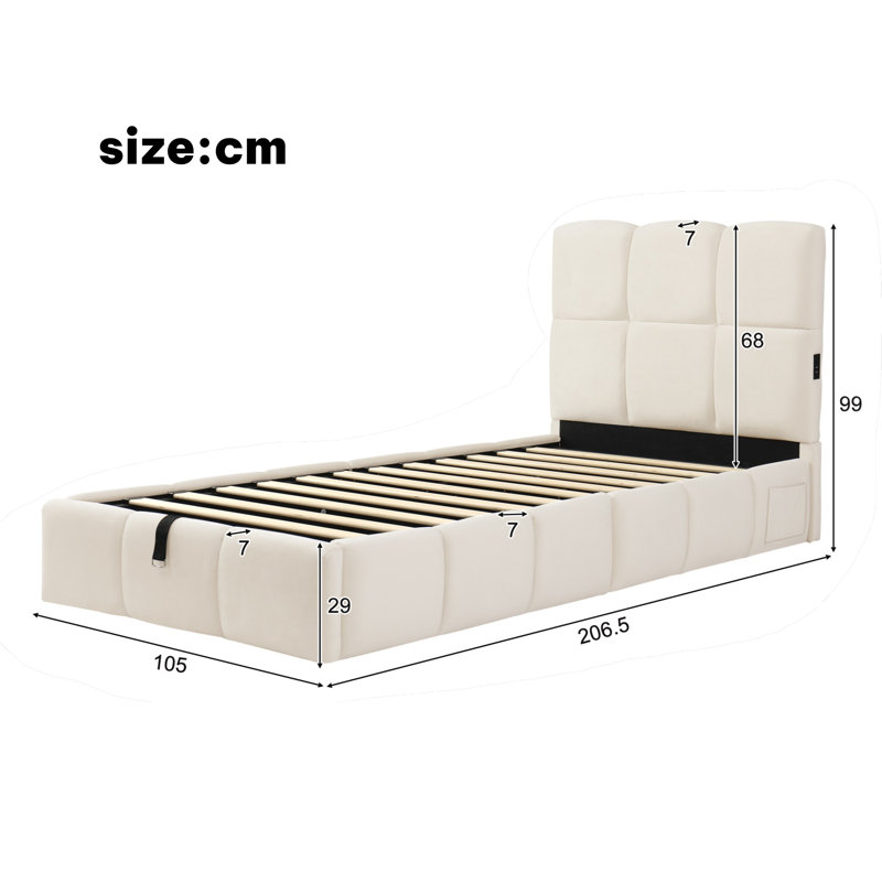 beige velvet Upholstered bed, single bed, children's bed, 3ft-90 x 190cm, hydraulic bed, bed with headboard and large storage space