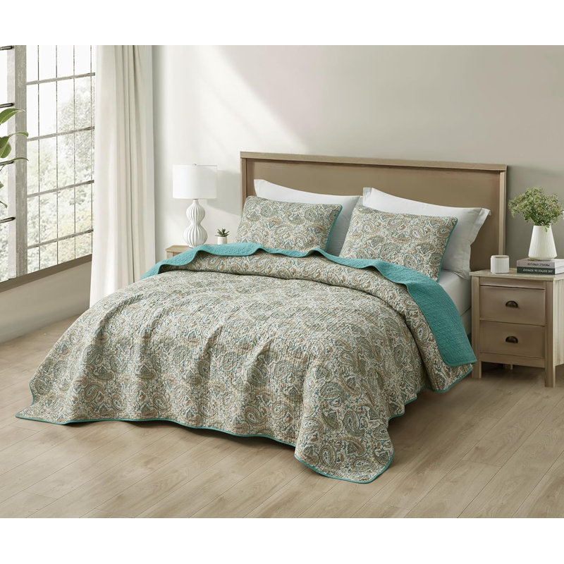 Presley Paisley Floral Printed Reversible Washed Cotton Quilt Set, Queen Quilt + 2 Standard Pillow Shams