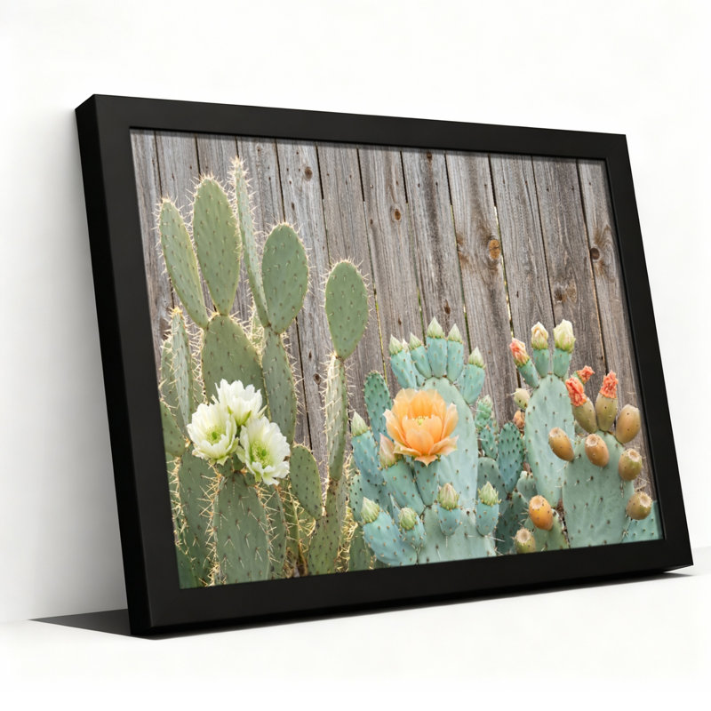 Toile noire encadrée en bois noir pour salon, chambre à coucher, bureau ou vestibule - décoration murale décorative avec fleurs de cactus