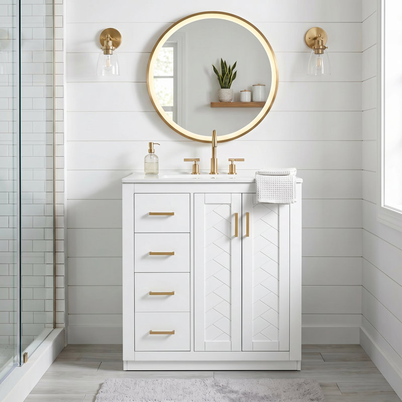 Meuble-lavabo autoportant de 30 po en blanc avec lavabo en céramique, structure en bois massif, armoire de rangement avec 3 tiroirs et portes à fermeture douce (sans robinet)