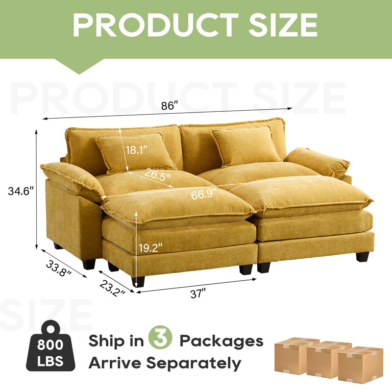86'' Wide Comfy Cloud Couch Sectional Loveseat Sofa With 2 Ottoman, Yellow Chenille