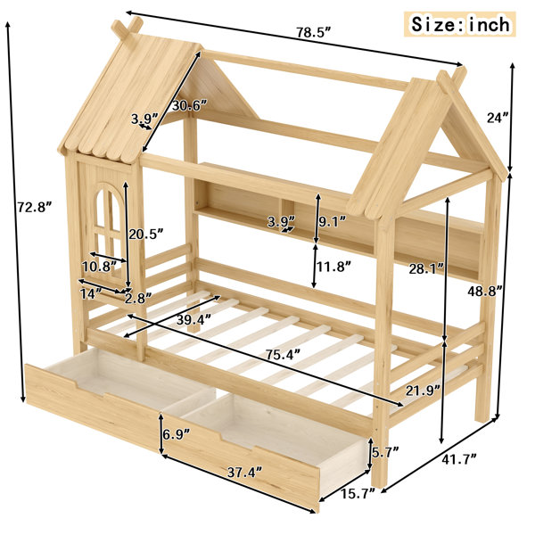 Ebern Designs Twin House Platform Bed with Storage Drawers, Shelves ...