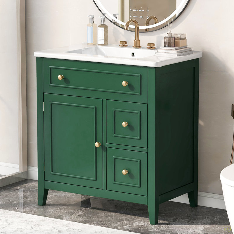 Meuble-lavabo 30 po avec comptoir, meuble-lavabo avec porte et deux tiroirs, structure en bois massif, un paquet, Vert, Doré