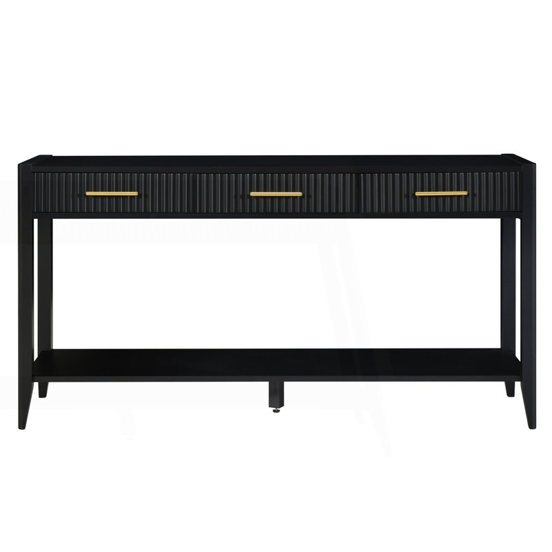 Console avec 3 tiroirs, table d'entrée avec tablette de rangement, table basse derrière le canapé, Noir
