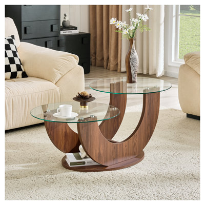 Table basse en verre à deux niveaux en forme de U avec base en MDF noyer, table d'appoint moderne à hauteur réglable pour salon