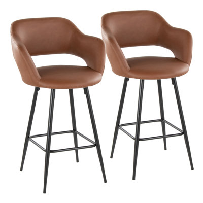 Margarite 26" Contemporary Fixed-Height Counter Stool In Black Metal And Brown Faux Leather With Square Black Metal Footrest By Lumisource - Set Of 2