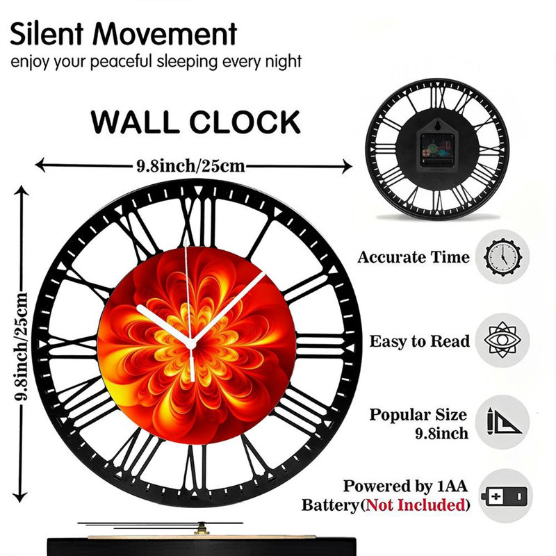Horloge murale ronde en fer 10 po avec mouvement à quartz silencieux, chiffres romains, impression UV, Rouge