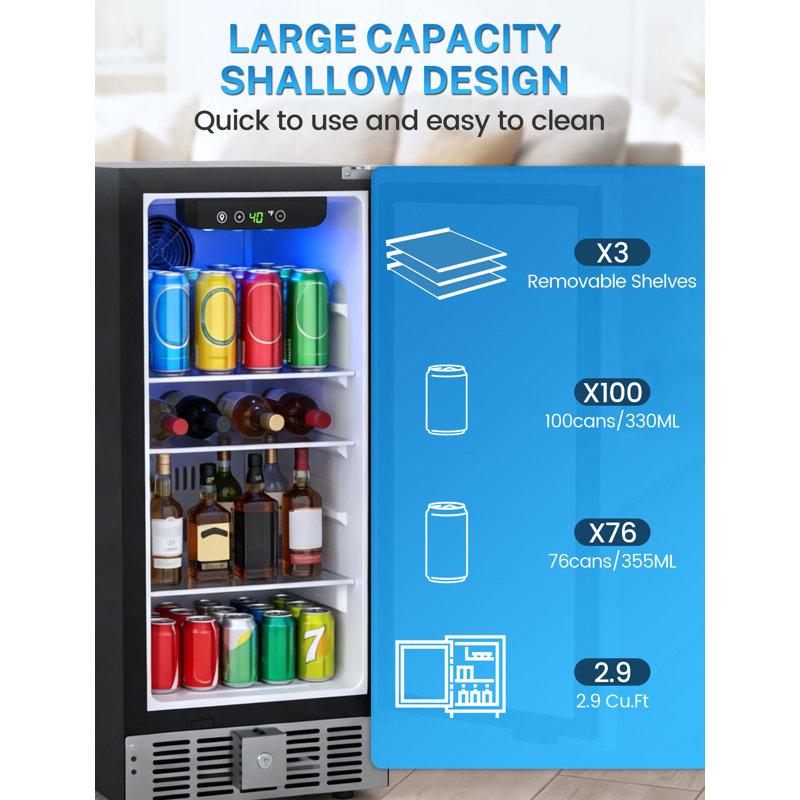 15 Inch Beverage Refrigerator, Under Counter Drink Fridge with Stainless Steel Door, Built-in & Freestanding Beverage Cooler for Beer Wine Soda, Outdoor Refrigerator for Patio Home Kitchen
