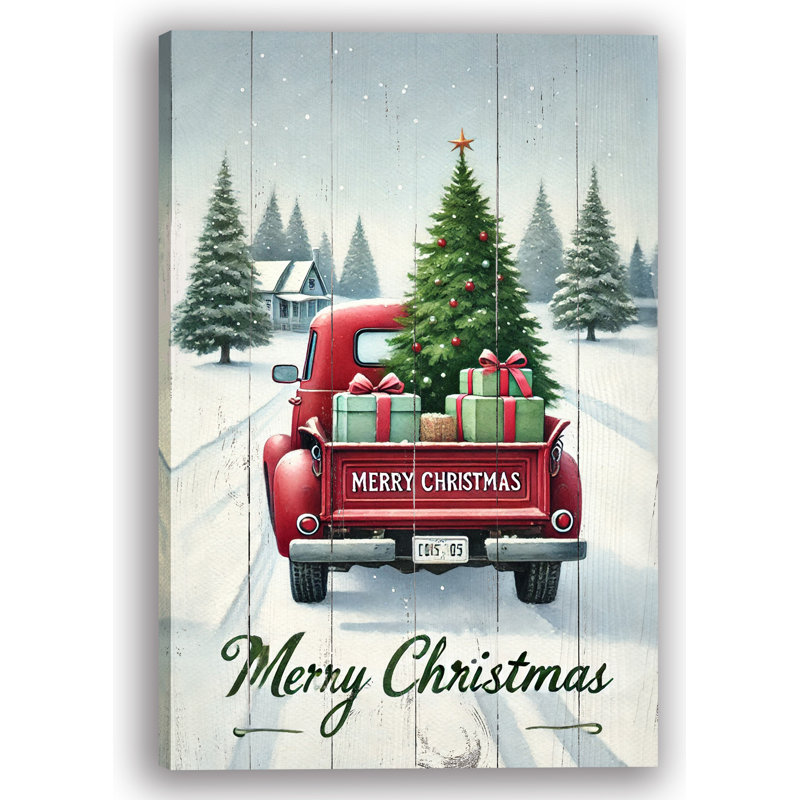 Winter Delivery: Classic Red Truck with Christmas Tree Canvas Print, 16" H x 12" W x 1" D