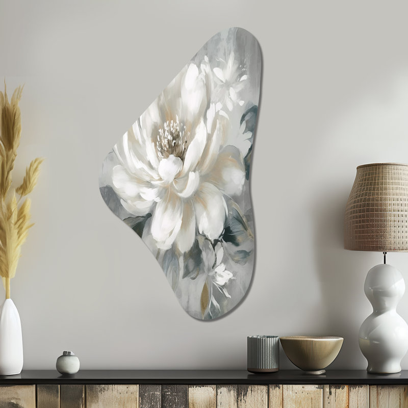 Louvière - pivoines en forme de Boomerang, art mural asymétrique en métal, H 39 po x l 21 po