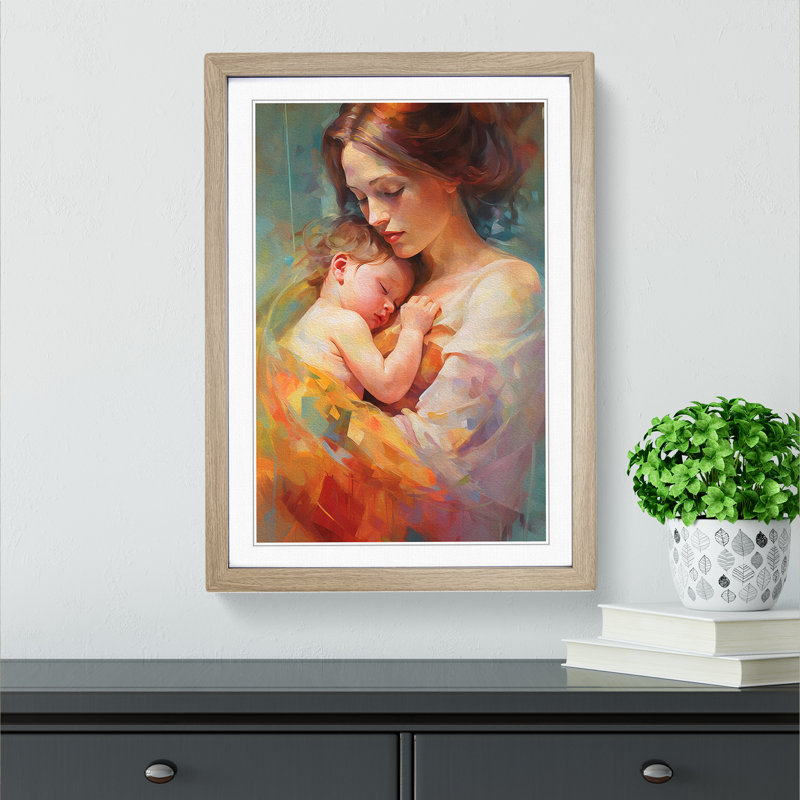 XYZ-FRM-V1223-4560 Mother And Baby Contemporary - Single Picture Frame Print on Wood, Oak , 64cm H x 46cm W x 2cm D