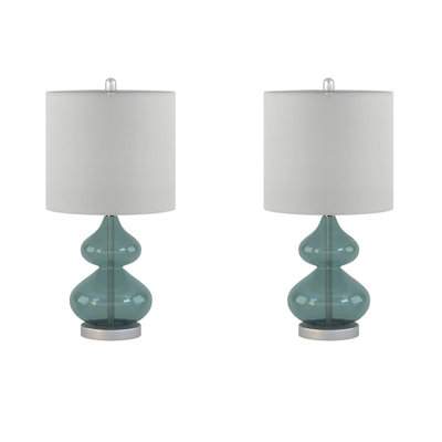 Set of 2 Curved Glass Table Lamps, Modern Gourd Glass Base Desk Lamps with White Fabric Drum Shade & Brushed Silver Accents, 9W LED Bulbs Included