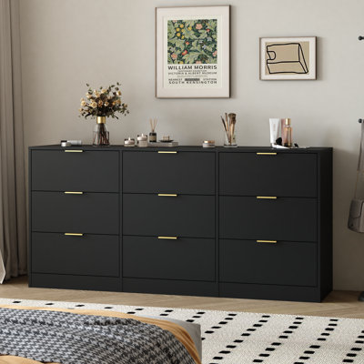 Commode 9 tiroirs noire, grande commode profonde de 63 po, commode en bois avec 9 tiroirs pour la chambre à coucher, commodes longues pour le salon, couloir