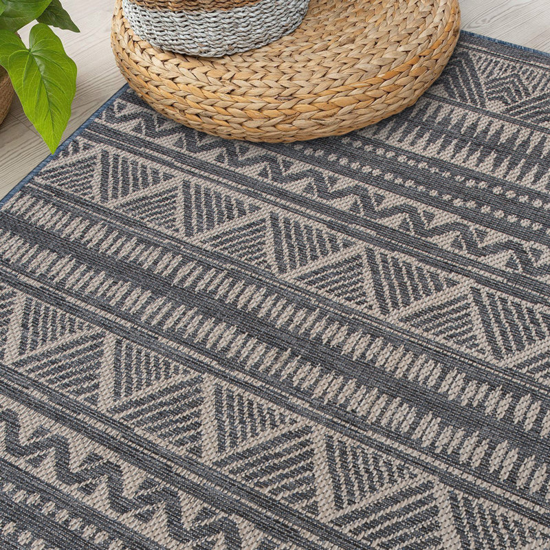 Tapis intérieur / extérieur bleu / gris / ivoire Ragin, Rectangle 5 pi x 7 pi