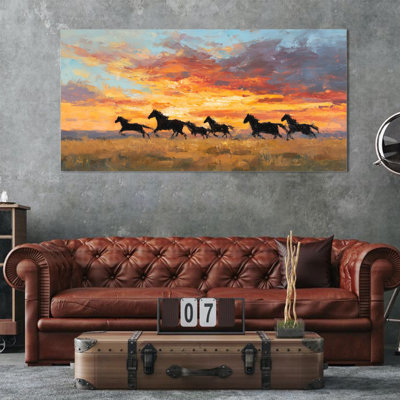  Art mural sur toile 7 chevaux de course, peinture de coucher de soleil éclatant, reproduction d'art animalier occidental pour le salon ou la chambre à coucher, cheval, décoration murale, œuvre d'art tendue sur châssis, prête à être suspendue, 16 po x 32 po