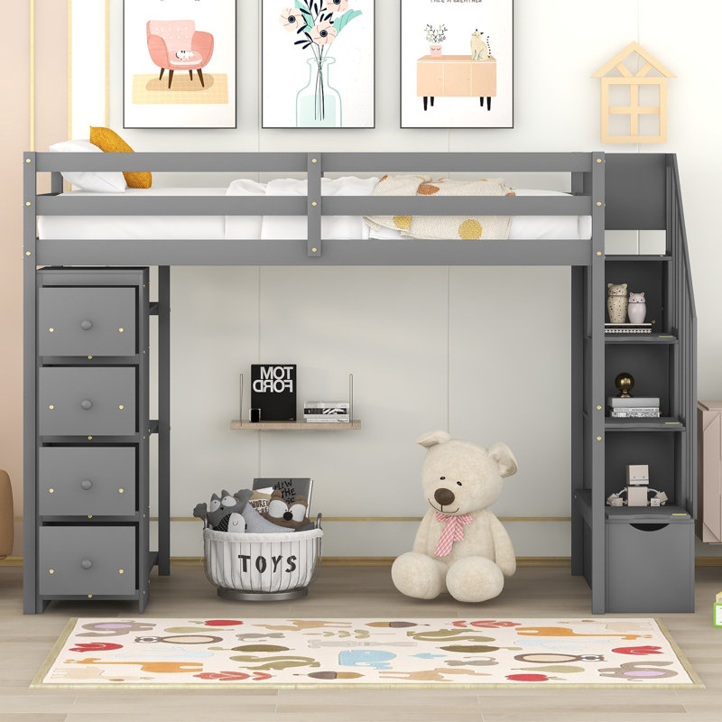 Lit mezzanine multifonctionnel en bois avec rangement intégré et bureau d'étude, Gris