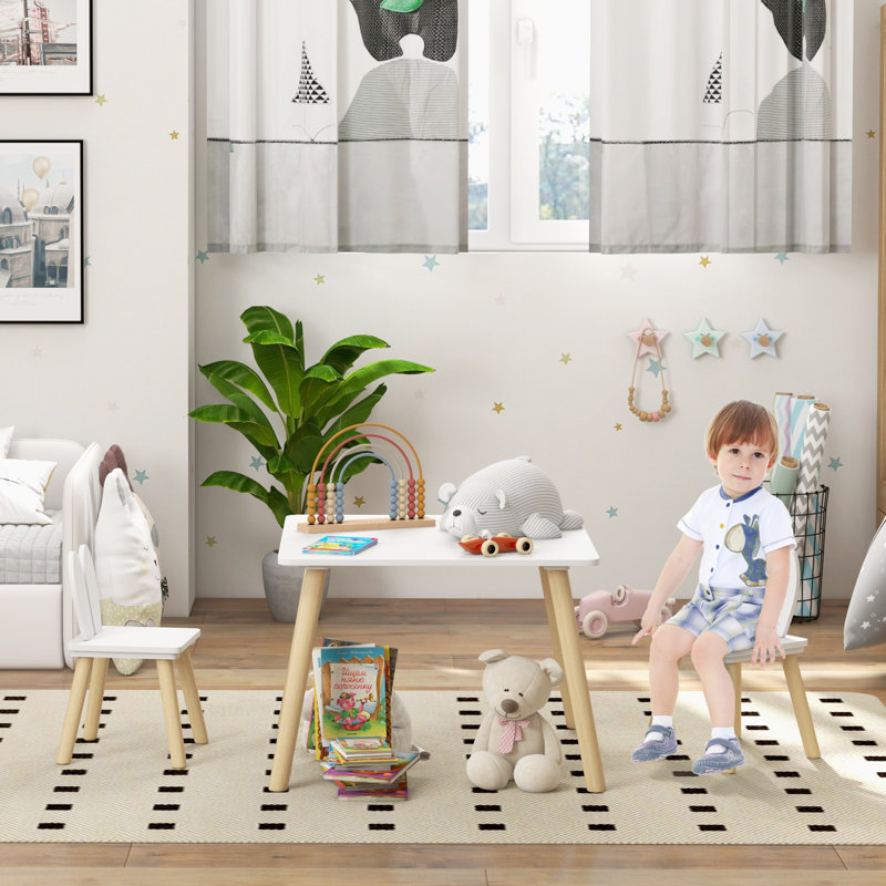 AIYAPLAY 3 Pieces Toddler Table and Chair Set Cute Bunny Ear Backrest White