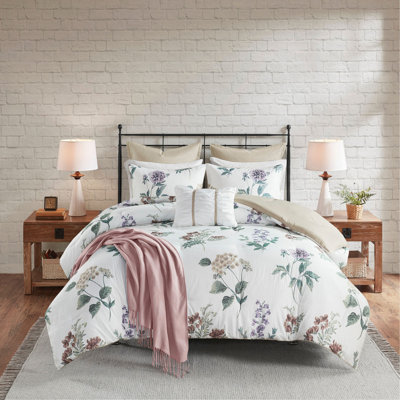Ensemble d'édredon imprimé 7 pièces avec couverture en jeté taupe / rosé