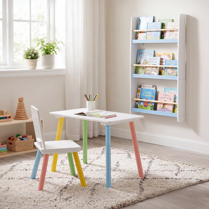 Kids 3 Piece and Chair Set, White/Blue