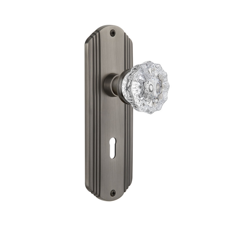 Deco Plate with Decorative Keyhole and Crystal Door Knob, 2-3/4”, Antique Pewter