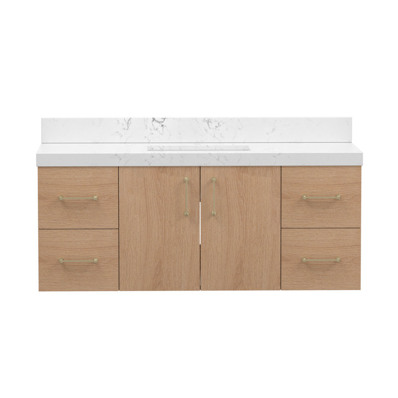 48 po Meuble-lavabo mural moderne avec comptoir en pierre d'ingénierie et lavabo en céramique