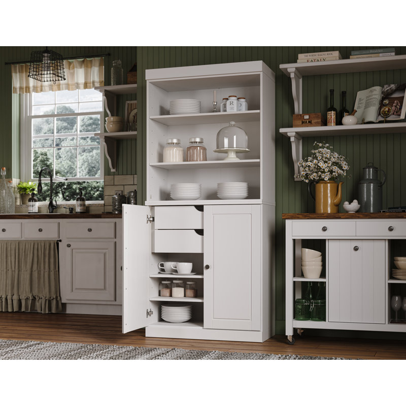 Garde-manger Birce 100% bois massif 32 po avec portes solides, 2 tiroirs et tablettes réglables, Blanc